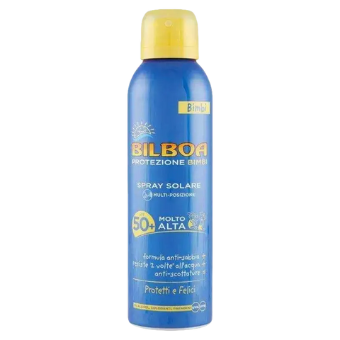 Bilboa zonnebrand spuitbus SPF 50+ met cacaoboter, hypoallergene spray met UVA/UVB bescherming.