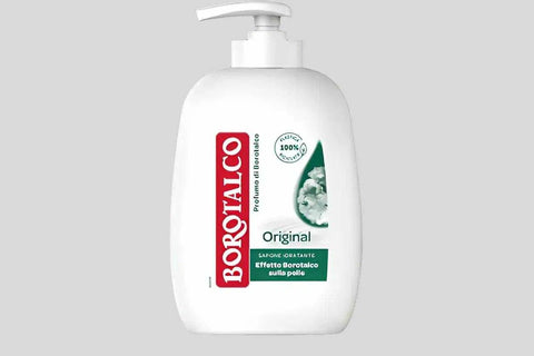Borotalco hydraterende handzeep 250ml fles met pomp, dermatologisch getest en natuurlijk verzachtend.