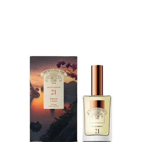 Compagnia delle Indie eau de parfum sinaasappel en leder nr21, 75 ml bottle with packaging featuring a sunset and exotic landscape.