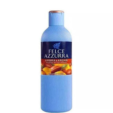 Felce Azzurra amber argan bath and shower cream 650ml blue bottle.