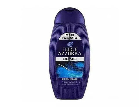 Felce Azzurra shampoo en douchecreme "cool blue uomo" 400ml bottle with citrus and woody fragrance notes.