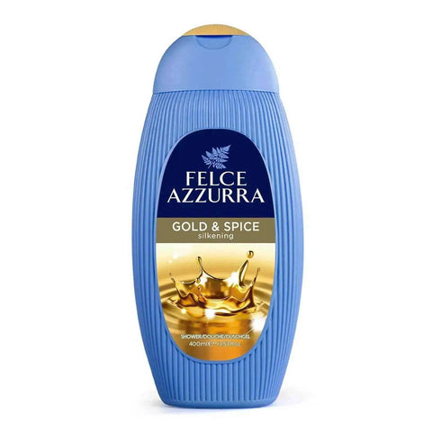 Felce Azzurra douchegel ORO E SPEZIE 400ml with spicy and enchanting fragrance, featuring pink pepper, clove, fruit, wood, and vanilla.