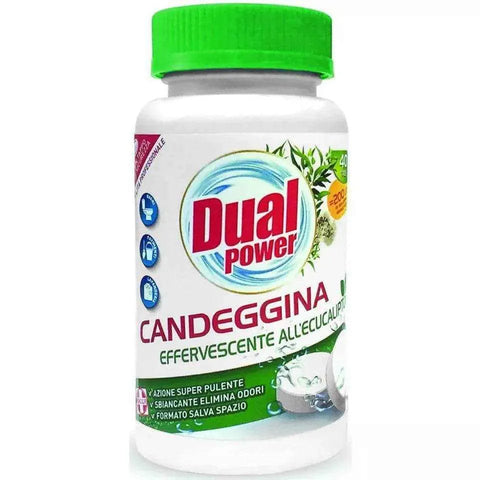 Dual power eucalyptus chlorinated cleaning tablets bottle.