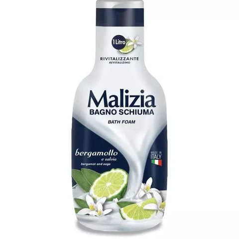 Malizia bad en douchecreme bergamot salie 1000 ml revitalizing bath foam bottle.