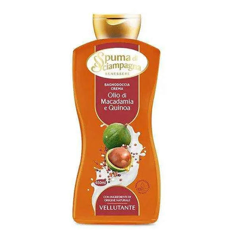 Spuma di Sciampagna bad en douchecreme met macadamia en quinoa, 650ml, romige formule, natuurlijke ingrediënten, neutrale pH, dermatologisch getest.