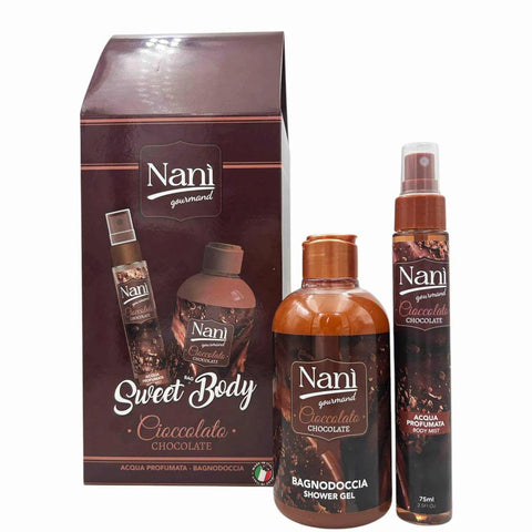 Nani Suarez cadeauverpakking met bodymist en bad/douche gourmand chocolade, inclusief bodymist 75ml en douchegel 300ml.