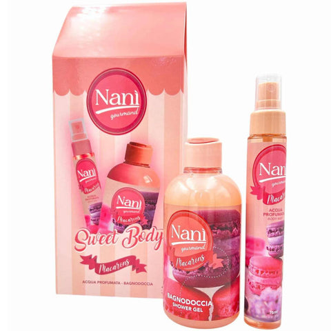 Nani Suarez cadeauverpakking met bodymist en douchegel geparfumeerd met macaron-geur.