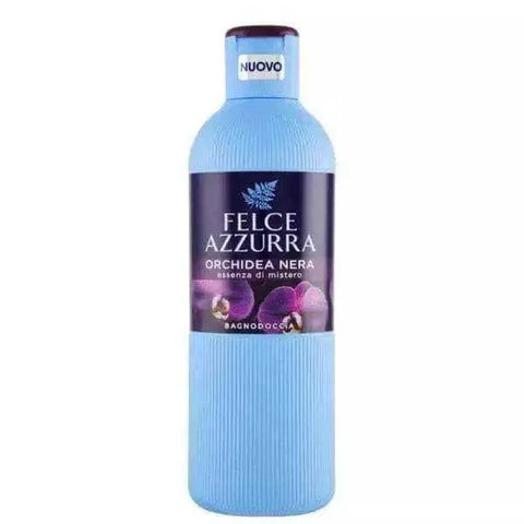 Felce Azzura bad en douchecrème zwarte orchidee 650ml fles met blauwe verpakking en orchideeënlabel.