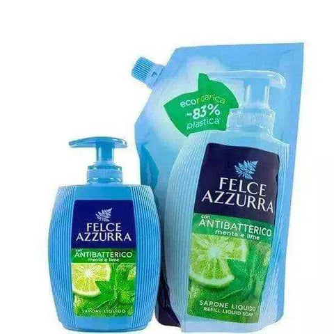 Felce Azzurra antibacteriële vloeibare handzeep 500ml navulling met munt- en limoengeur.