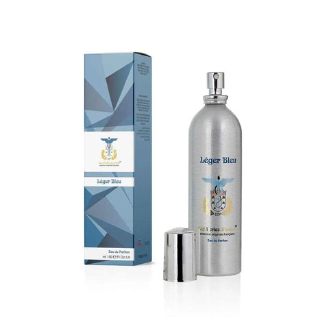 Les perles d'orient eau de parfum léger bleu 150ml bottle and packaging with notes of Sicilian lemon, apple, white rose, musk, and amber.