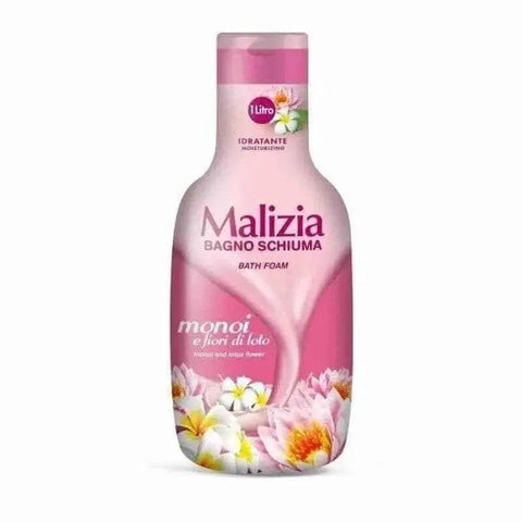 Malizia badcreme monoï lotusbloemen 1000ml bath foam bottle with floral design.