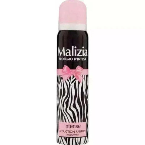 Malizia deodorant intense seduction 100ml bottle with zebra pattern and pink details.