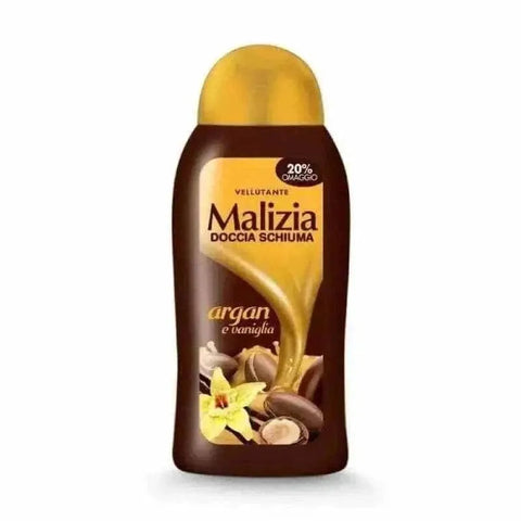 Malizia douchecreme argan vanille 300ml bottle with soothing properties for relaxation.