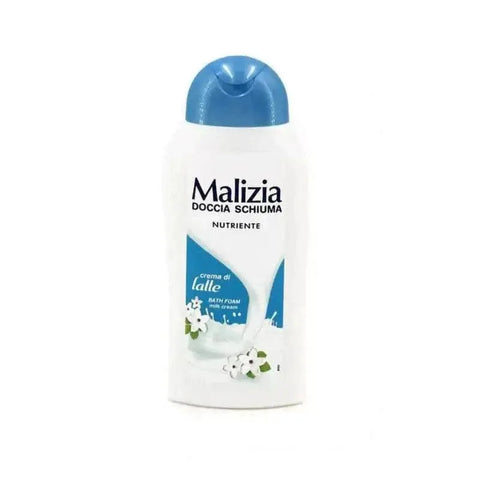 Malizia douchecreme melk 300ml bottle with blue cap and floral design.
