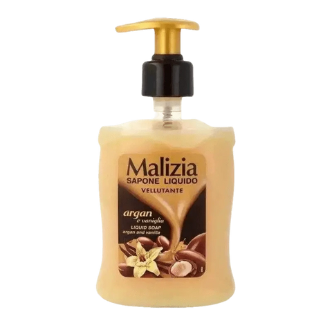 Malizia handzeep argan vanille, 300ml bottle with pump, featuring argan and vanilla scents.