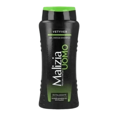 Malizia Vetyver 2-in-1 shampoo and shower gel, 250ml bottle, enriched with Aloe Vera for refreshing skin care.