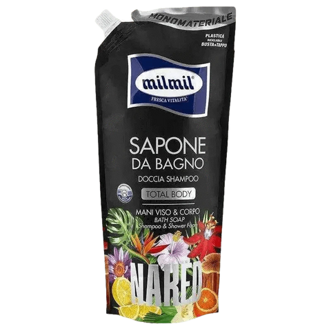 Milmil navulverpakking naked bloemen en natuur douche en shampoo 650ml verpakking.