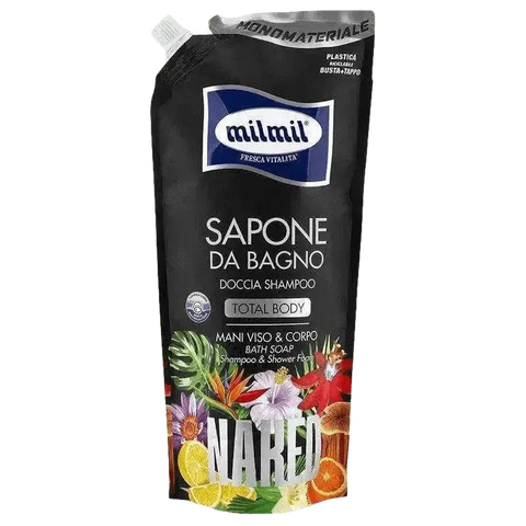 Milmil navulverpakking naked bloemen en natuur douche en shampoo 650ml verpakking.
