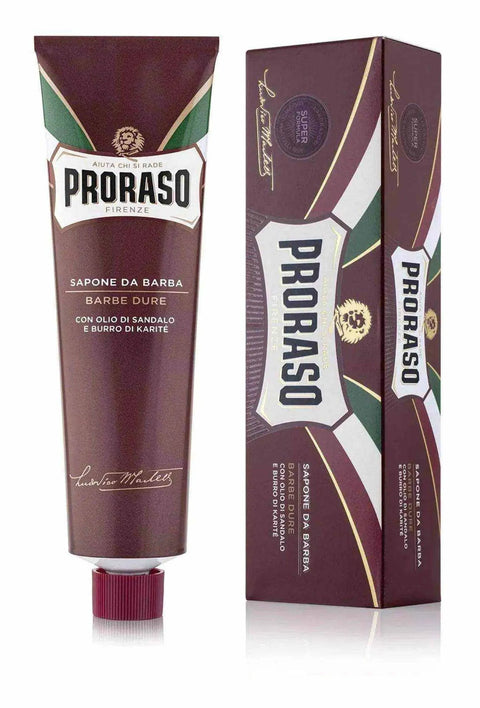 Proraso rood tube met sandelhoud scheerzeep met sandelhoutolie en sheaboter.
