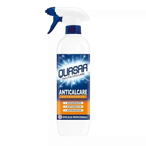 Quasar professionele antikalkspray 650ml bottle for showers, sinks, and faucets.