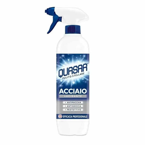 Quasar professionele staalreiniger spray 650ml bottle for polishing and protection.