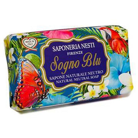Nesti Sogno Blu neutrale handgemaakte zeepblokje verpakking, 125g, kleurrijk ontwerp met vlinder.