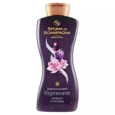 Spuma di Sciampagna douchecreme orchidee 650ml bottle with amethistpoeder and lindebloemextract.