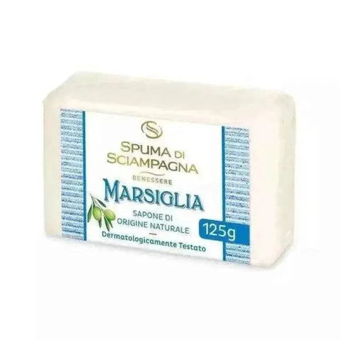 Spuma di Sciampagna zeepblokje Marsiglia 125gr, natuurlijke Marseillezeep, dermatologisch getest, Italiaans product.