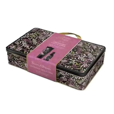 Tesori d'oriente metalen koffer cadeauverpakking met Chinese orchidee parfum en douche.