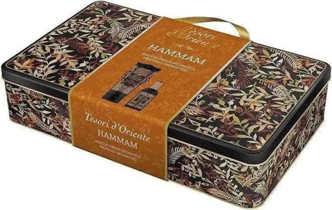 Tesori d'Oriente cadeauverpakking metalen koffer met hammam parfum en douche, inclusief 100ml parfum en 250ml douchegel.