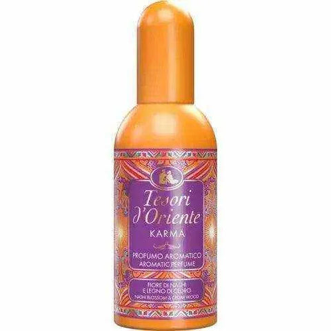Tesori d'Oriente eau de parfum Karma bottle with orange cap, 100ml, featuring aromatic blend inspired by Hindu traditions.