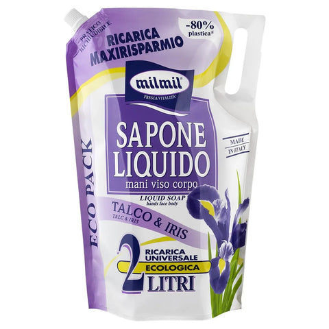 Milmil navulverpakking iris en talk 2 liter zeep voor de handen, het gezicht en lichaam, Hemelse-geuren.nl